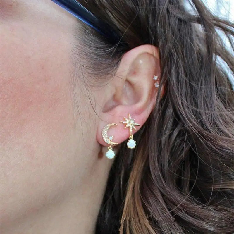 Celeste – Refined Moon & Star Gold Opal Earrings