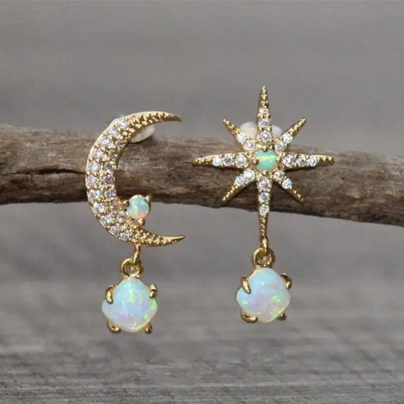 Celeste – Refined Moon & Star Gold Opal Earrings