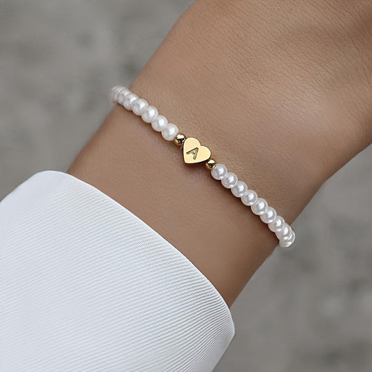 Maribeline – Personalized Pearl Initial Bracelet with Golden Heart